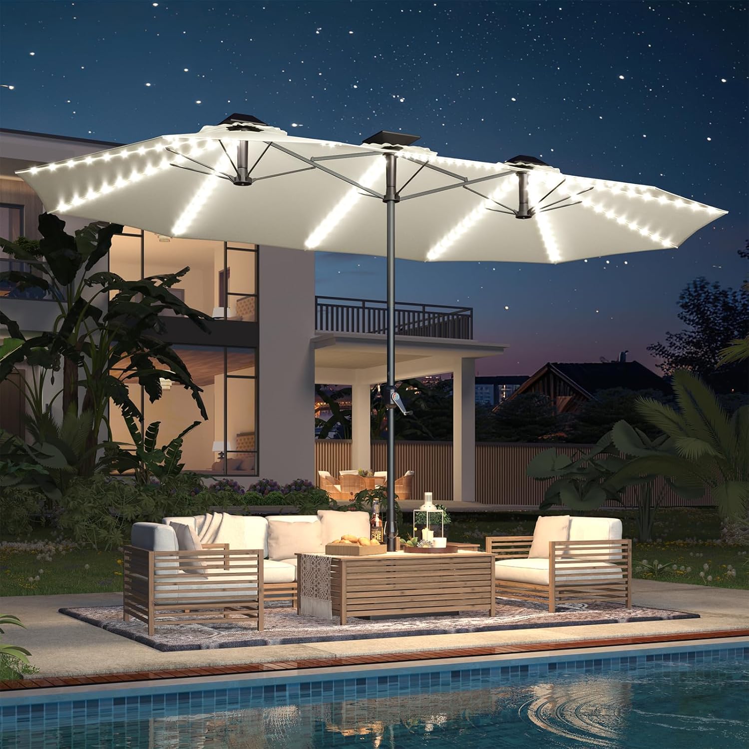 Outdoor Furniture Umbrella - 15ft Rectangular Patio Umbrella with Solar